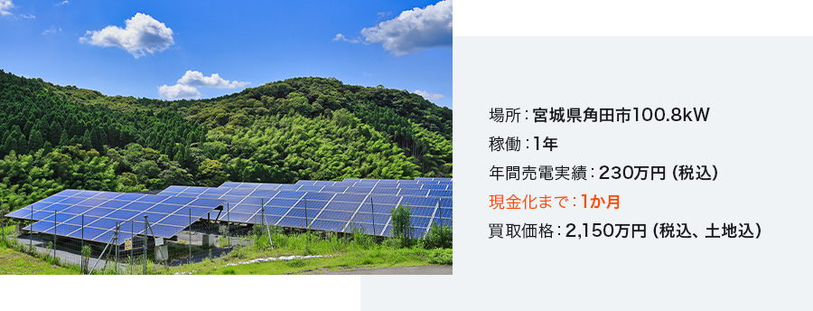 場所：宮城県角田市100.8kW 稼働：1年 年間売電実績：230万円（税込） 現金化まで：1か月 買取価格：2,150万円（税込、土地込）