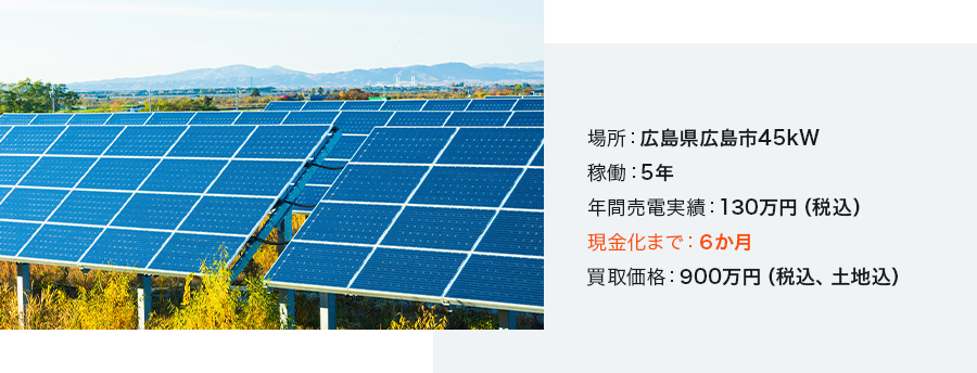 場所：広島県広島市45kW 稼働：5年 年間売電実績：130万円（税込） 現金化まで：６か月 買取価格：900万円（税込、土地込）